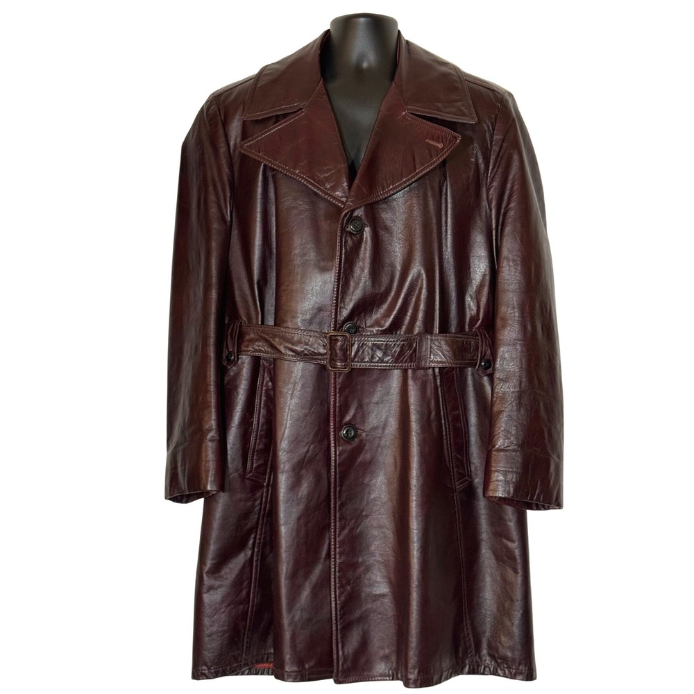 Lakeland Vintage Men's Leather Trench Coat Burgundy Oxblood Belted Car Coat 44